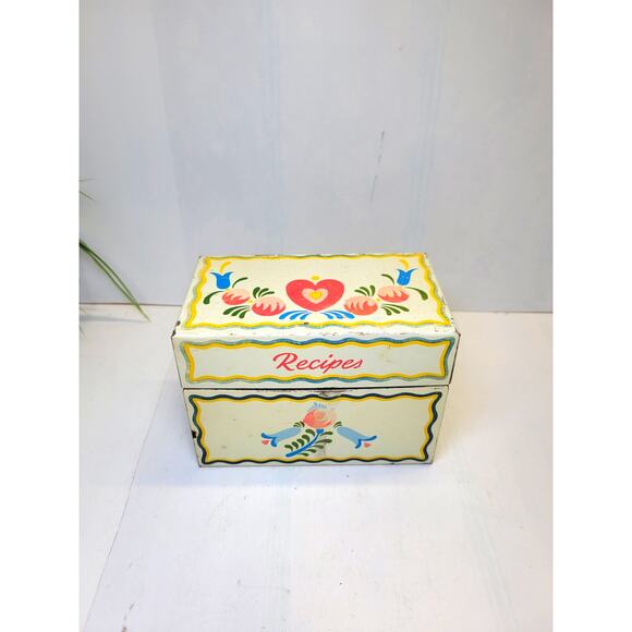 Vintage Recipe Box Ohio Art Hearts Tulips Country Kitchen Primitive - Picture 1 of 7